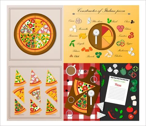 A set of flat slices of pizza. Vector illustration of assorted pizza. Cut pieces Stock Illustration