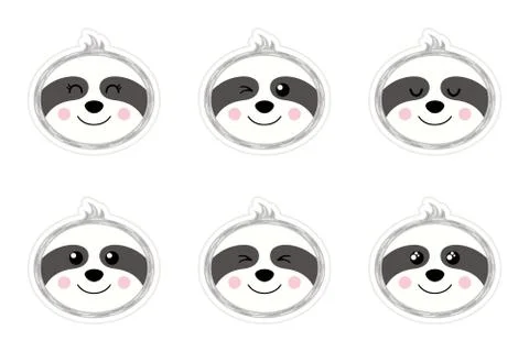 A set of flat smileys in the shape of a sloth. Cute cartoon pictures. Sticker Stock Illustration