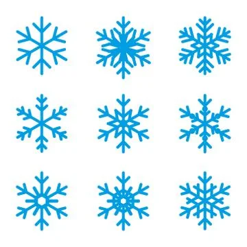 Set of flat snowflakes on white background. Flat snow icons, silhouette Illustrazione stock