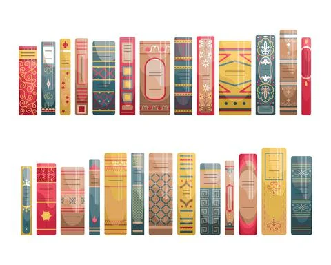 A set of flat spines of books in retro style, classic editions. Illustrazione stock