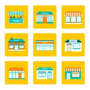 Set of flat store building icons Stock Illustration