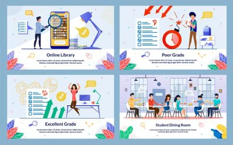 Set Flat, Student Dining Room, Poor Grade, Cartoon. Excellent Grade, Online L Illustrazione stock
