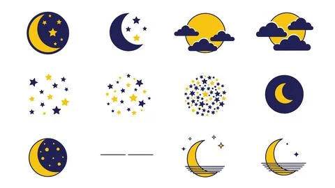 Set of flat style night sky icons with moons clouds and stars. Stock Illustration