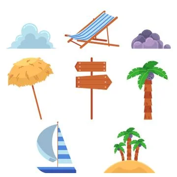 Set of flat style summer vacation elements, icons Illustrazione stock