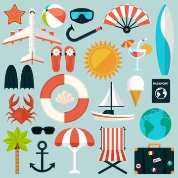 Set of flat summer rest icons. Traveling, tourism, vacation theme Stock Illustration