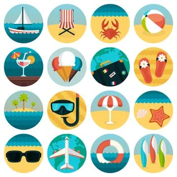 Set of flat summer rest icons combination. Traveling, tourism, vacation theme Stock Illustration
