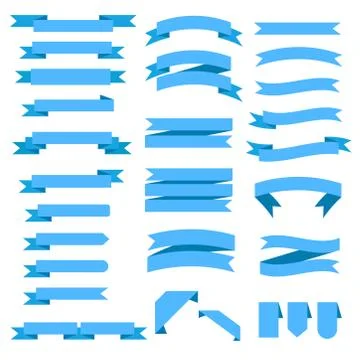 Set of flat tape banners for your design, many different blue ribbons on whit Stock Illustration