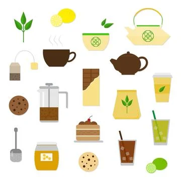 Set of flat tea items and accessories. Stock Illustration