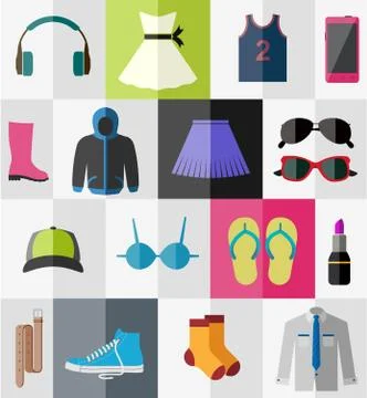 Set of flat teens clothes and accessories Stock Illustration