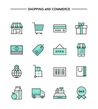 Set of flat thin line icons on subject of shopping and commerce Stock Illustration