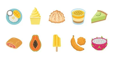 Set of flat tropical dessert illustrations featuring mango rice macaron lim.. イラスト素材