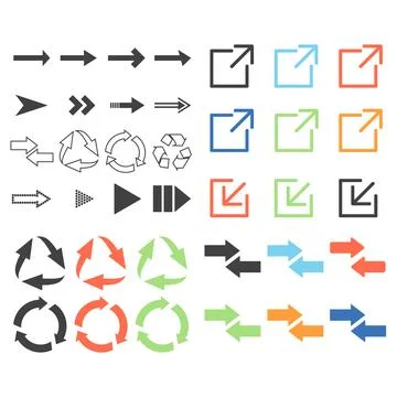 Set of flat vector arrow icons, recycling symbols, and UI navigation elemen.. Illustrazione stock