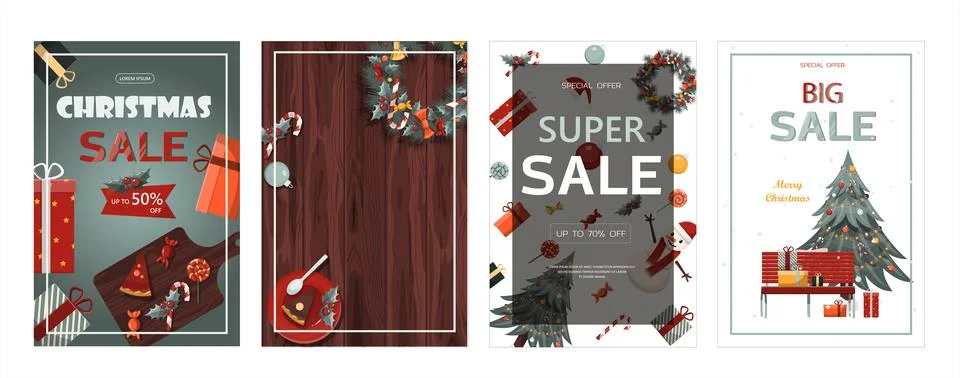 Set of flat vector banners Big Christmas sale. Cartoon Christmas template with Stock Illustration