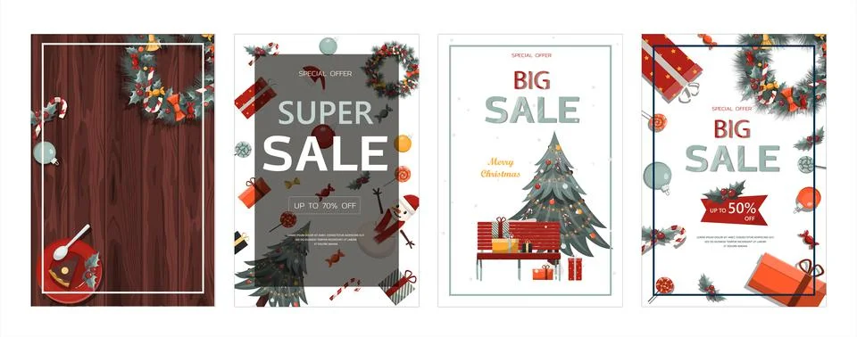 Set of flat vector banners Big Christmas sale. Cartoon Christmas template with Stock Illustration