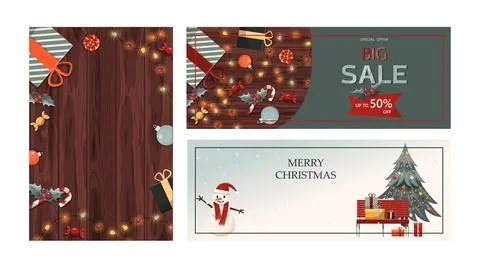 Set of flat vector banners Big Christmas sale. Cartoon Christmas template with Stock Illustration