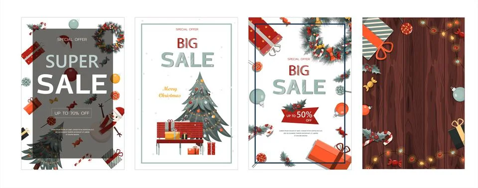 Set of flat vector banners Big Christmas sale. Cartoon Christmas template with Stock Illustration