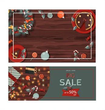 Set of flat vector banners Big Christmas sale. Cartoon Christmas template with Stock Illustration