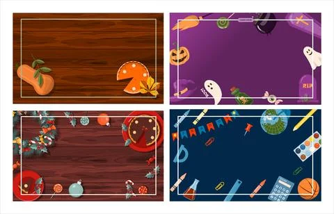 Set of flat vector banners for Christmas, autumn,halloween, school. Cartoon Stock Illustration