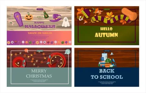 Set of flat vector banners for Christmas, autumn,halloween, school. Cartoon Stock Illustration