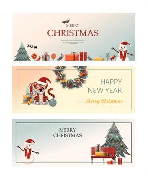 Set of flat vector banners Merry Christmas and happy new year. Cartoon Christmas Stock Illustration