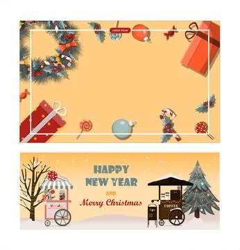 Set of flat vector banners Merry Christmas and happy new year. Cartoon Christmas Stock Illustration