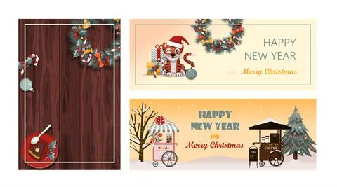 Set of flat vector banners Merry Christmas and happy new year. Cartoon Christmas Stock Illustration
