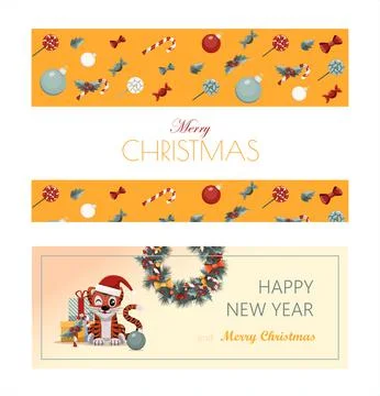 Set of flat vector banners Merry Christmas and happy new year. Cartoon Christmas Stock Illustration