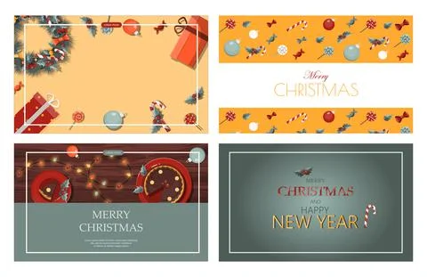 Set of flat vector banners Merry Christmas and happy new year. Cartoon Christmas Stock Illustration