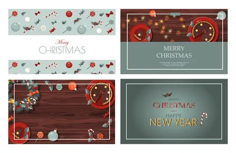Set of flat vector banners Merry Christmas and happy new year. Cartoon Christmas Stock Illustration