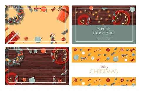 Set of flat vector banners Merry Christmas and happy new year. Cartoon Christmas Stock Illustration