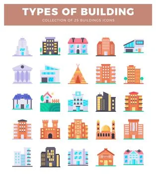 Set of flat vector building icons in a grid. illustrating diverse architectur Ilustración de archivo