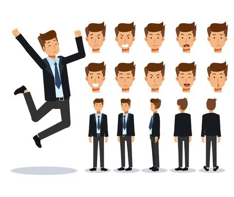 Set of Flat Vector Character businessman various views, Cartoon style. Stock Illustration