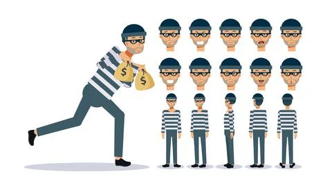 Set of Flat Vector Character illustration, A man is a Thief , various views,  Stock Illustration