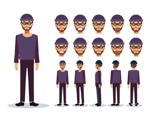 Set of Flat Vector Character illustration, A man is a Thief Bad guy , various Stock Illustration