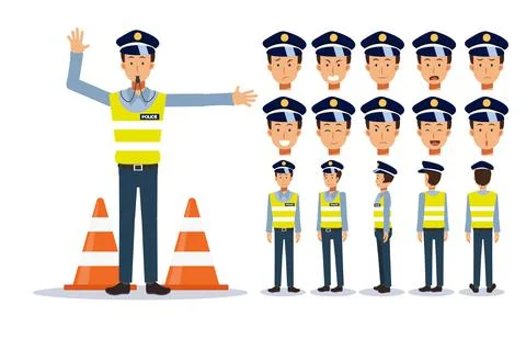 Set of Flat Vector Character illustration, traffic policeman in various views Illustrazione stock