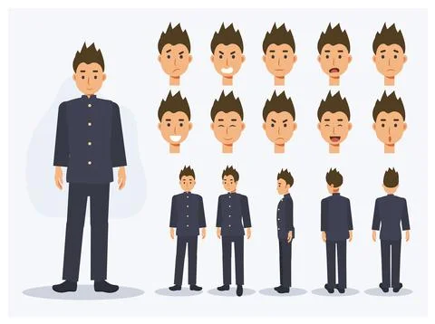 Set of Flat Vector Character Japanese student boy in uniform with various vie Illustrazione stock