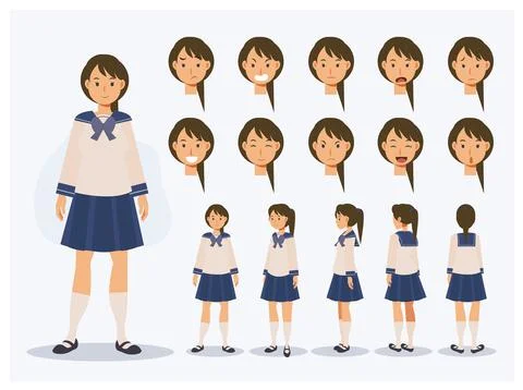 Set of Flat Vector Character Japanese student girl in uniform with various vi Illustrazione stock