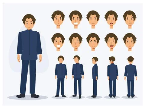 Set of Flat Vector Character Japanese student boy in uniform with various vie Stock Illustration