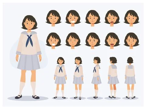 Set of Flat Vector Character Japanese student girl in uniform with various vi Illustrazione stock
