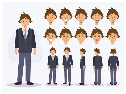 Set of Flat Vector Character Japanese student boy in uniform with various vie Stock Illustration