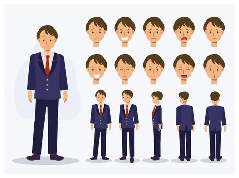 Set of Flat Vector Character Japanese student boy in uniform with various vie Illustrazione stock