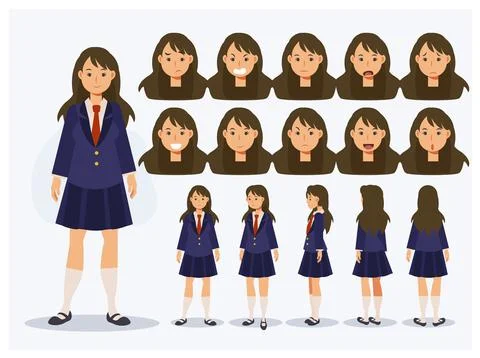 Set of Flat Vector Character Japanese student girl in uniform with various vi Stock Illustration
