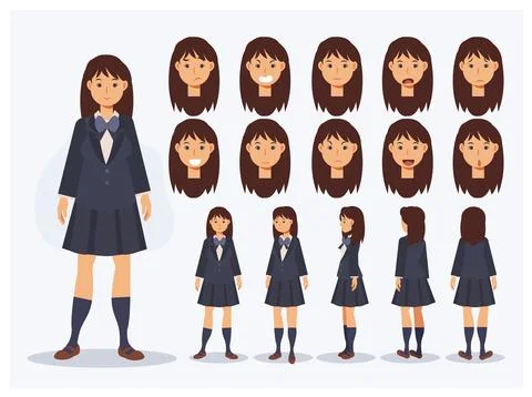 Set of Flat Vector Character Japanese student girl in uniform with various vi Stock Illustration