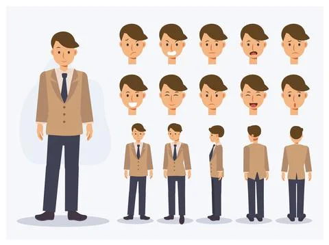 Set of Flat Vector Character Japanese student boy in uniform with various vie Illustrazione stock
