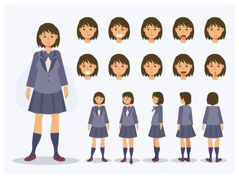 Set of Flat Vector Character Japanese student girl in uniform with various vi Stock Illustration