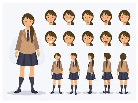 Set of Flat Vector Character Japanese student girl in uniform with various vi Illustrazione stock