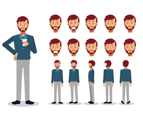 Set of Flat Vector Character man wear casual clothing with various views, Car Stock Illustration