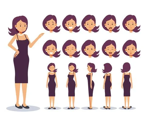 Set of Flat Vector Character woman wear casual clothing with various views, C Stock Illustration