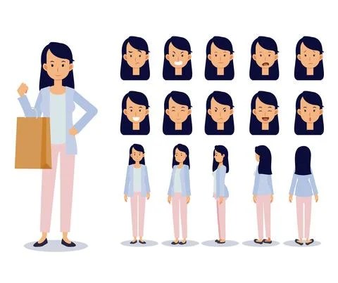 Set of Flat Vector Character woman wear casual clothing with various views, C Stock Illustration