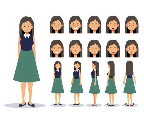 Set of Flat Vector Character woman wear casual clothing with various views, C Stock Illustration